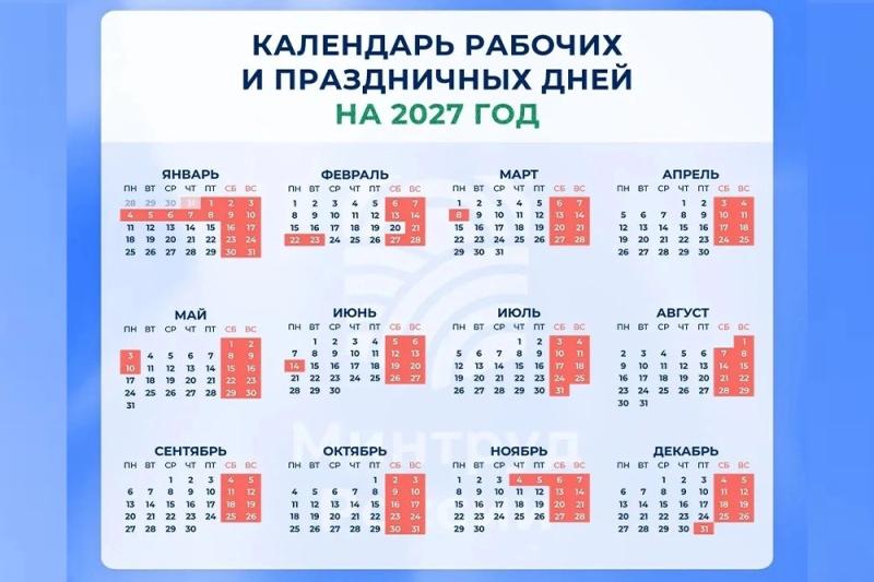 Минтруд опубликовал проект календаря рабочих и праздничных дней на 2027 год